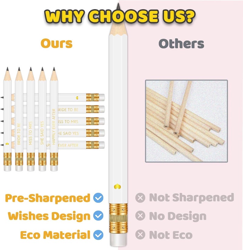 Vusnud 50Pcs - Bridal Shower Sharpened Half Pencils with Erasers, Pre-sharpened Pencils for Bridal Shower & Wedding Games, 4 Inches (White - Happily Ever After) - Image 2